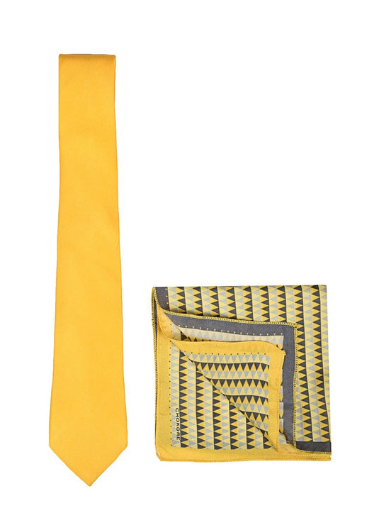 Chokore Yellow color silk tie & Tangerine & Grey Silk Pocket Square set