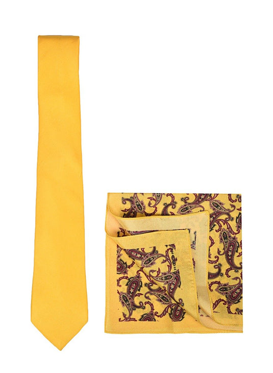 Chokore Yellow color silk tie & Tangerine & Burgundy Pocket Square set