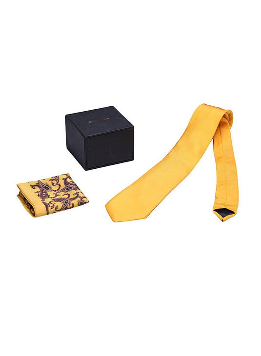 Chokore Yellow color silk tie & Tangerine & Burgundy Pocket Square set