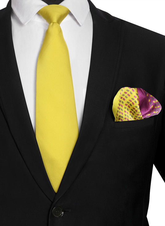 Chokore Yellow color silk tie & Two-in-one Yellow & Purple Green Silk Pocket Square set