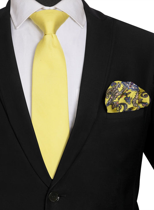 Chokore Yellow color silk tie & Yellow & Blue Silk Pocket Square set