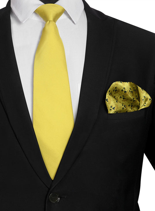 Chokore Yellow color silk tie & Yellow & Lemon Yellow Pure Silk Pocket Square set