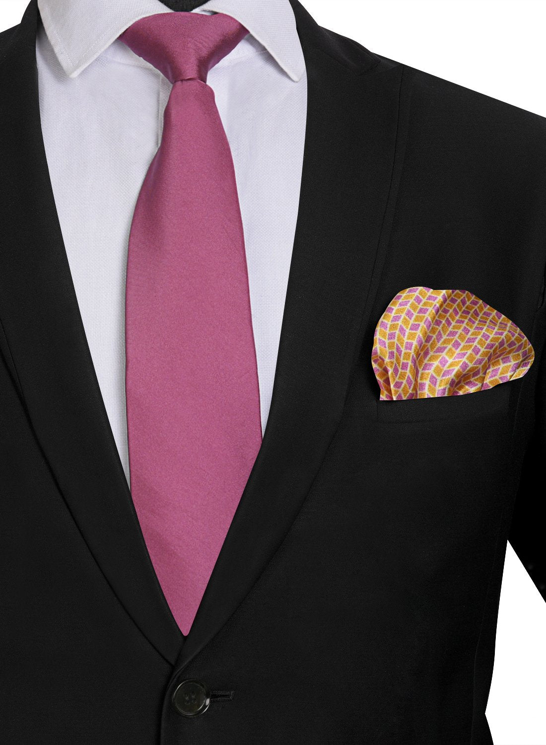 Chokore Pink color silk tie & Two-in-one Gold & Purple Pure Silk Pocket Square set