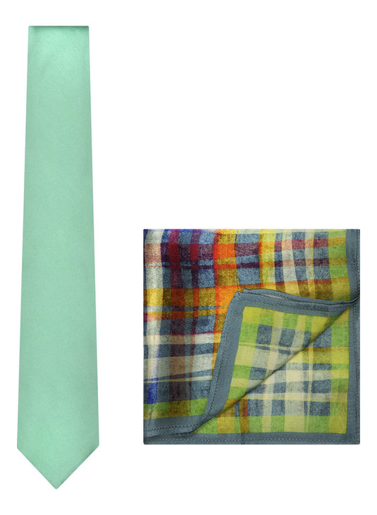 Chokore Sea Green color Silk Tie & Multicolor Silk Pocket Square set