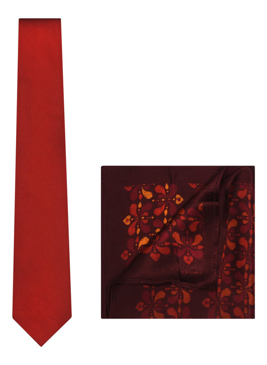 Chokore Red color Plain Silk Tie & Burgundy floral print pure silk pocket square set