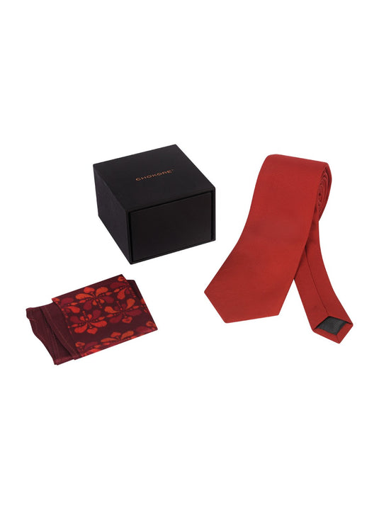 Chokore Red color Plain Silk Tie & Burgundy floral print pure silk pocket square set