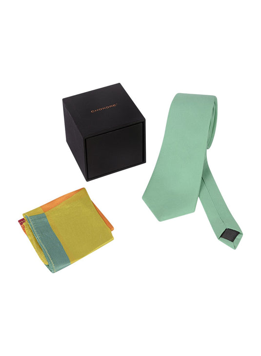 Chokore Sea Green color Silk Tie & Four-in-one Multicolor Silk Pocket Square set