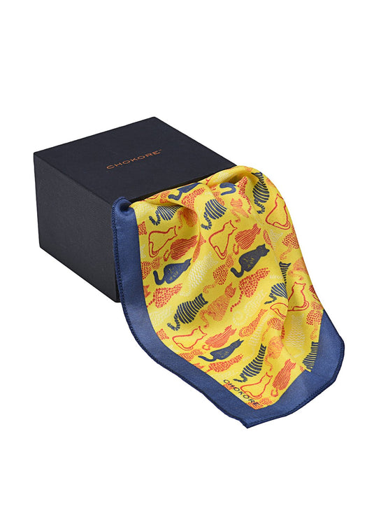 Chokore Yellow & Blue Feline Silk Pocket Square from the Wildlife range