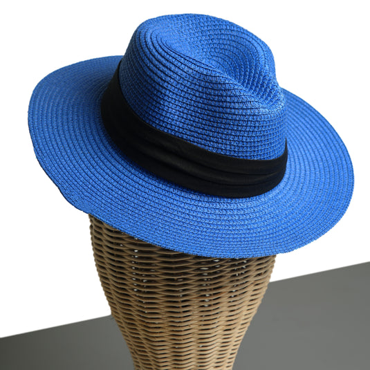 Chokore Straw Fedora Hat with Wide Brim (Blue)