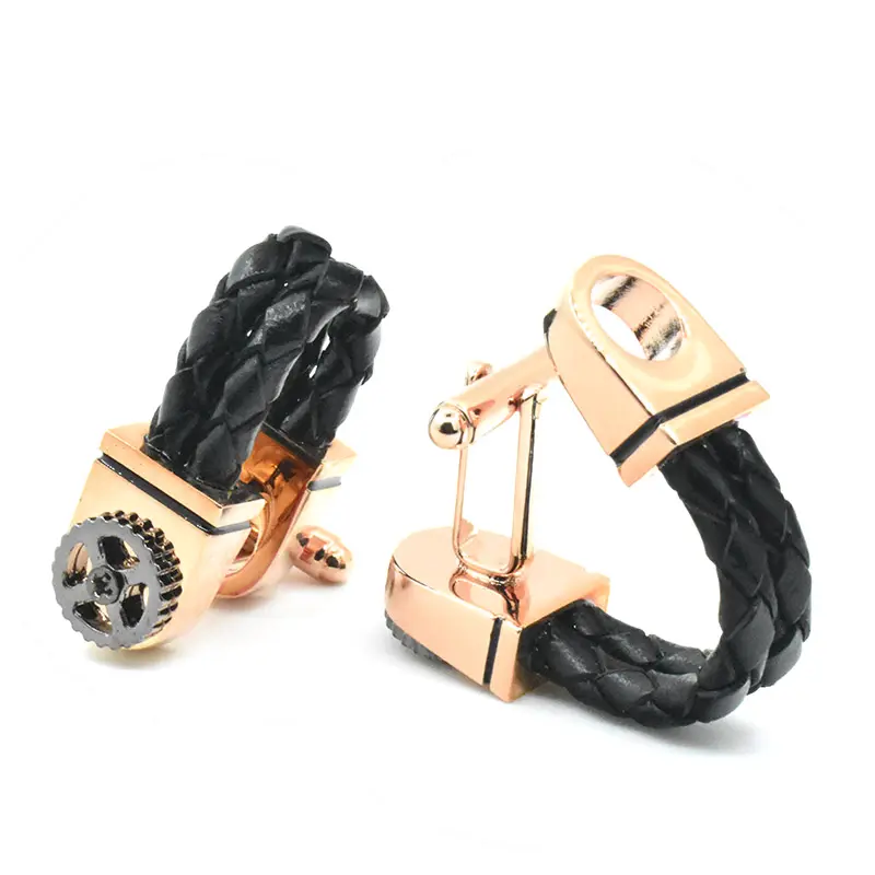 Chokore Braided Leather Cufflinks with Miniature Gear