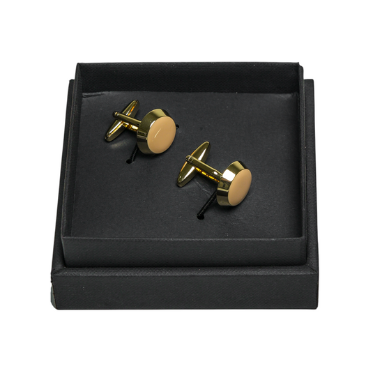 Ivory & Gold Round Brass Cufflinks – Minimalist Formal Wear