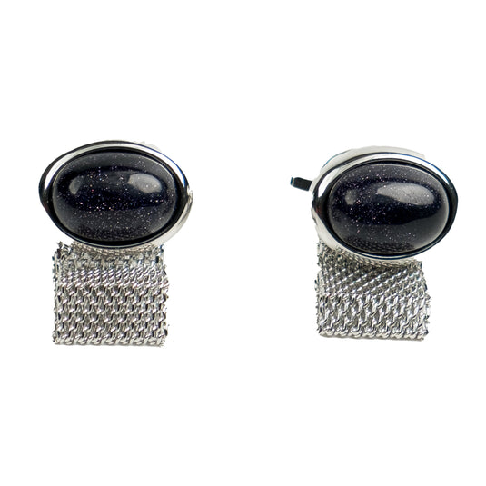 Vintage Mesh Silver Black-Stone Brass Cufflinks – Formal & Elegant Wear