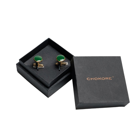 Chokore Round Gold Cufflinks (Green)