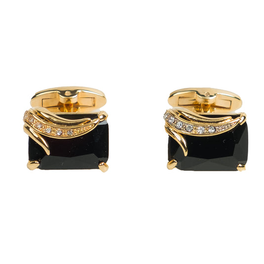 Black Crystal & Gold Wave Brass Cufflinks – Luxurious Formal Wear