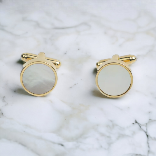 Mother of Pearl Gold Brass Round Cufflinks – Luxury & Formal Wear