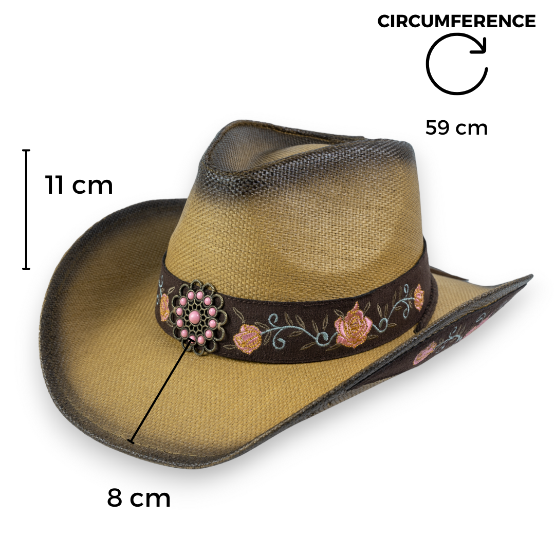 Chokore Embroidered Straw Cowboy Hat with Windproof Rope (Khaki)