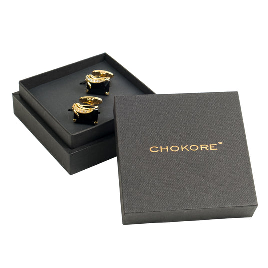 Black Crystal & Gold Wave Brass Cufflinks – Luxurious Formal Wear