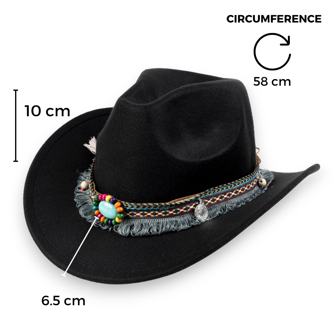 Chokore Boho-Tibetan Ethnic Cowboy Hat (Black)