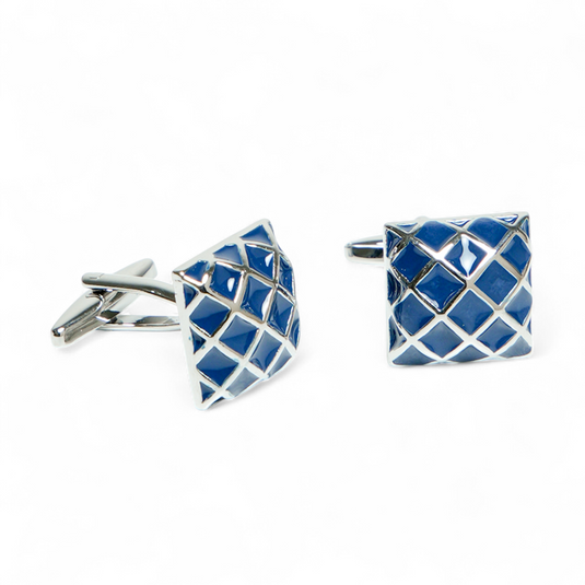 Blue Enamel Checkered Brass Cufflinks – Modern Formal Wear