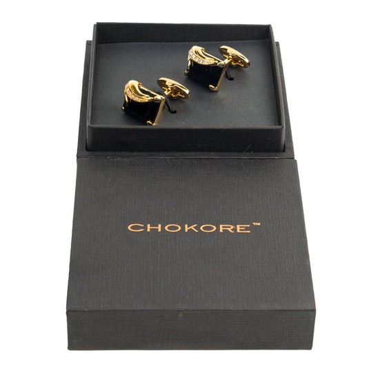 Black Crystal & Gold Wave Brass Cufflinks – Luxurious Formal Wear