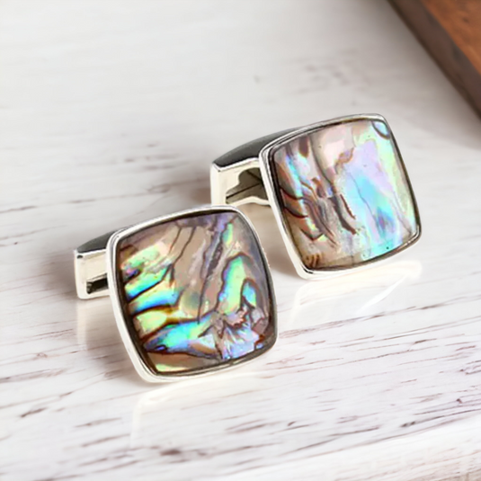 Natural Abalone Shell Stone Square Silver Brass Cufflinks – Luxury & Formal Wear