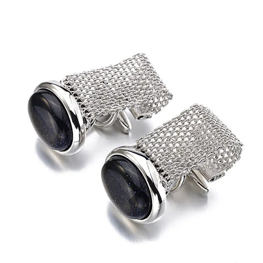 Vintage Mesh Silver Black-Stone Brass Cufflinks – Formal & Elegant Wear