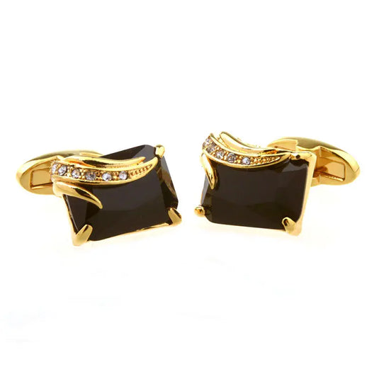 Black Crystal & Gold Wave Brass Cufflinks – Luxurious Formal Wear