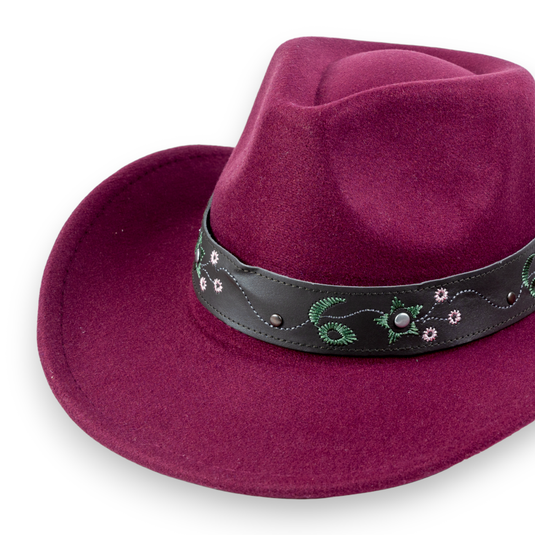 Chokore Tibetan Style Embroidered Cowboy Hat (Wine Red)