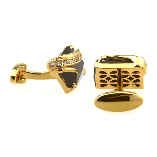 Black Crystal & Gold Wave Brass Cufflinks – Luxurious Formal Wear