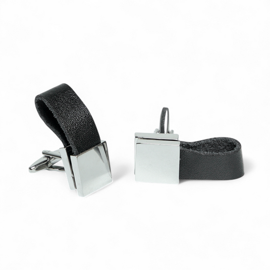Leather & Silver Square Brass Cufflinks – Contemporary & Formal Wear