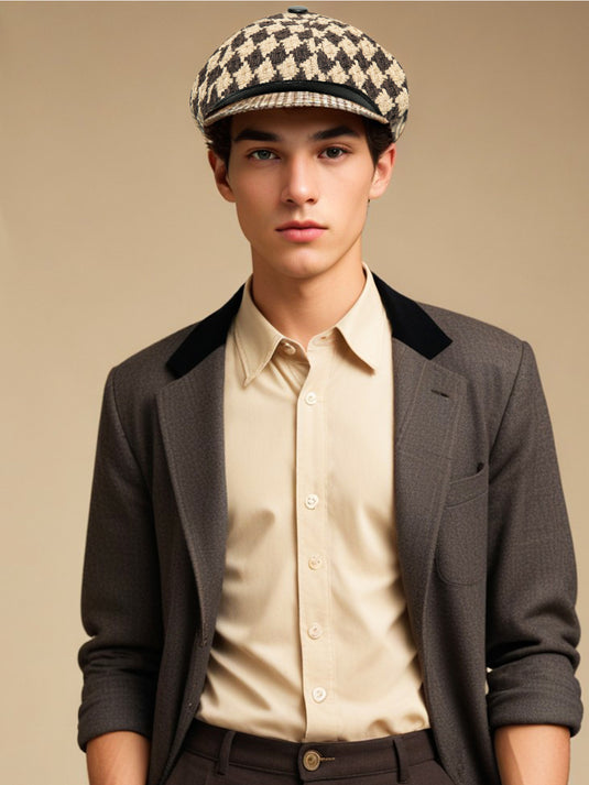 Chokore Vintage Checkerboard Beret Cap (Khaki & Brown)