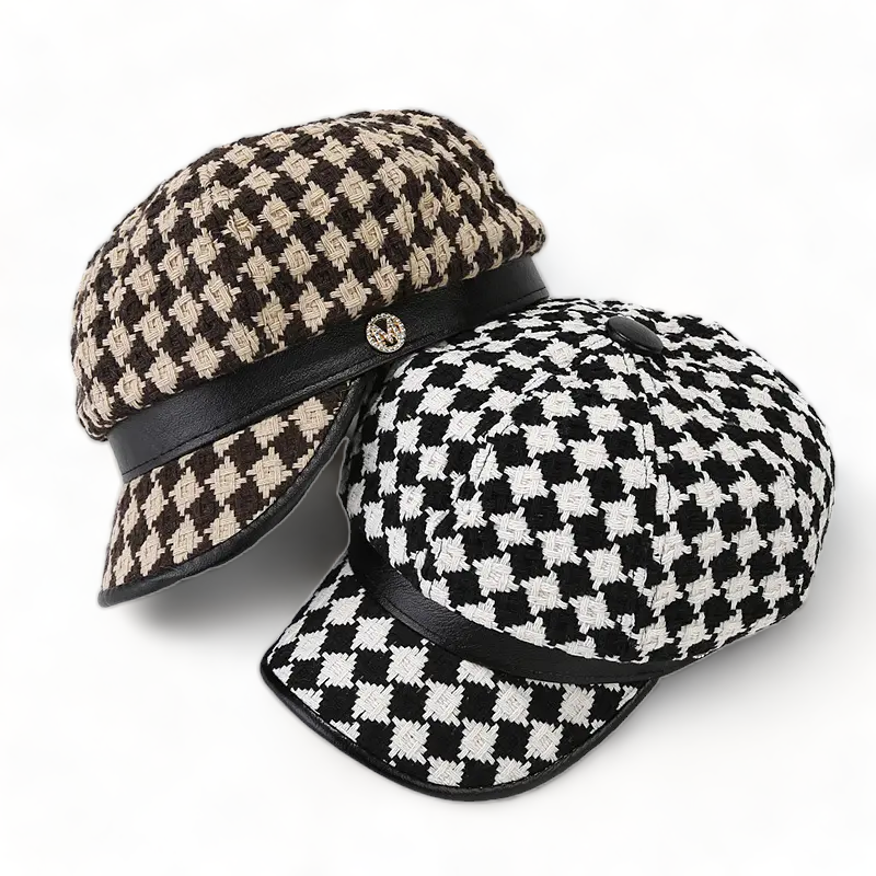 Chokore Vintage Checkerboard Beret Cap (Khaki & Brown)