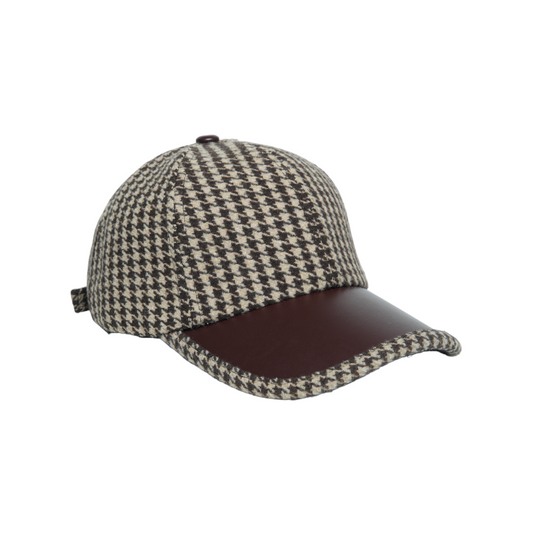 Chokore Retro Houndstooth Pattern Baseball Cap with Leather Details (Coffee)
