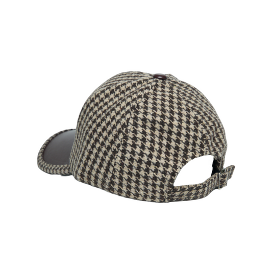 Chokore Retro Houndstooth Pattern Baseball Cap with Leather Details (Coffee)