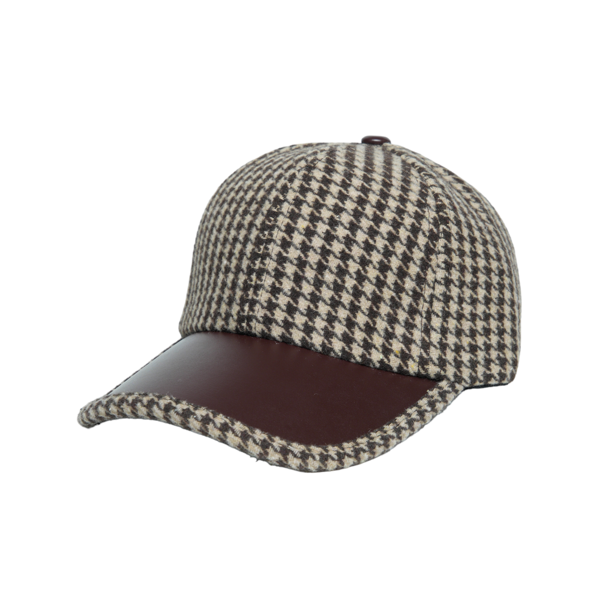 Chokore Retro Houndstooth Pattern Baseball Cap with Leather Details (Coffee)
