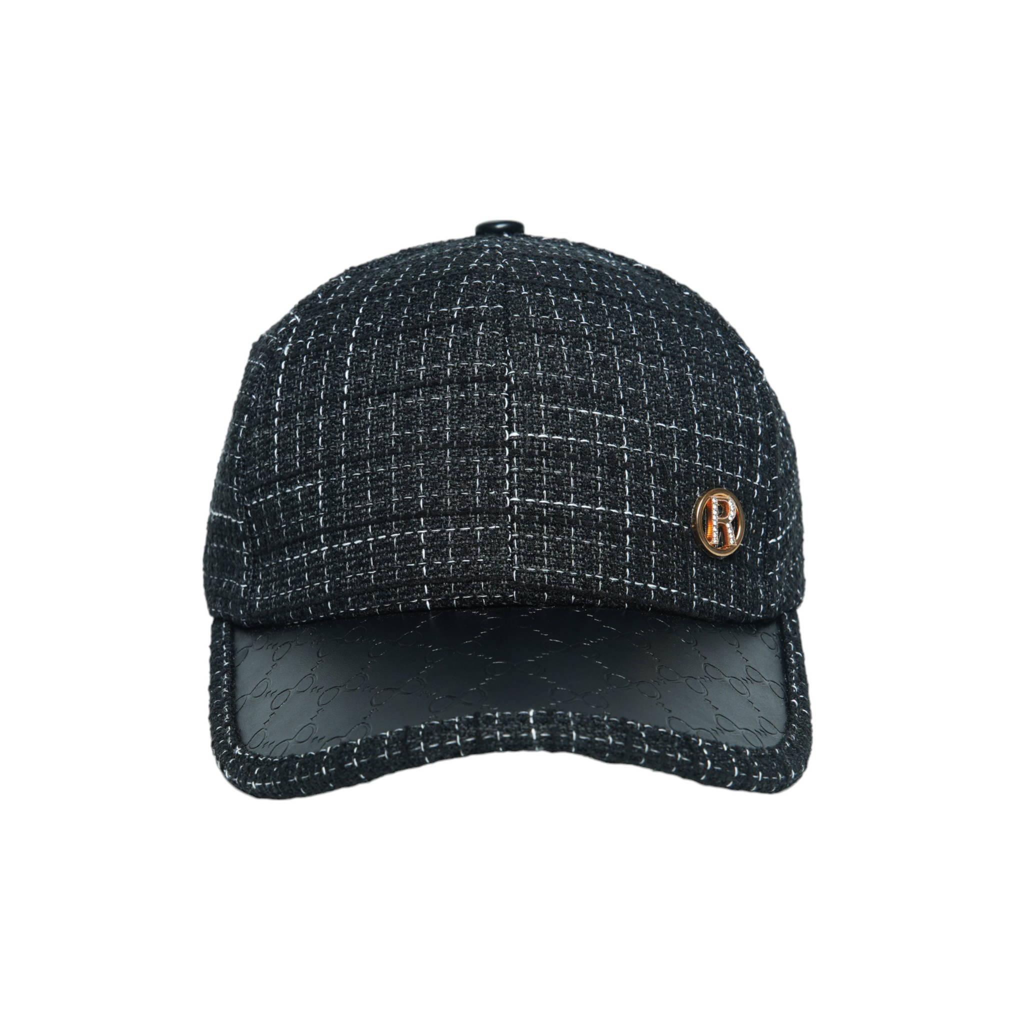 Chokore Retro Houndstooth Pattern Baseball Cap with Leather Details (Black)