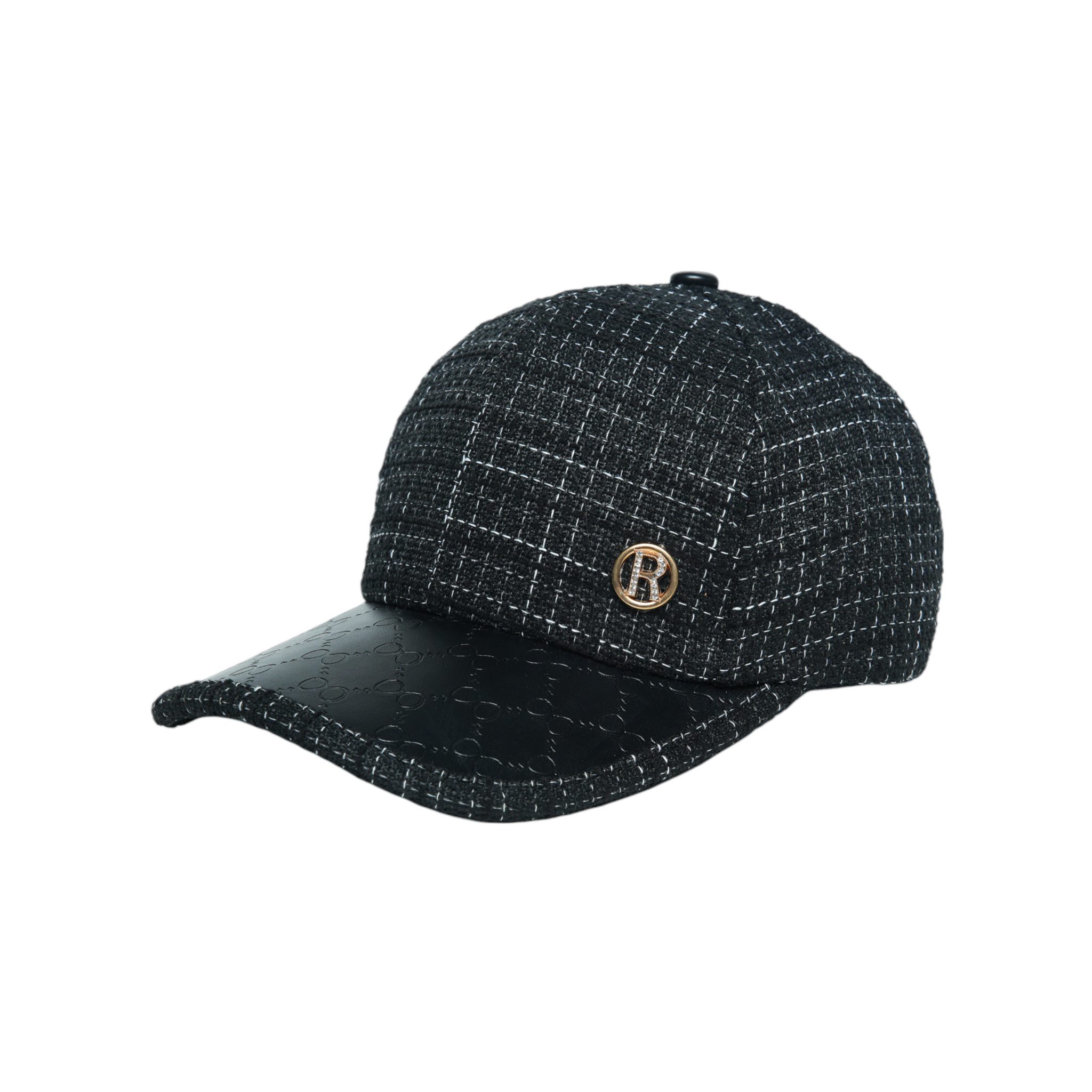 Chokore Retro Houndstooth Pattern Baseball Cap with Leather Details (Black)