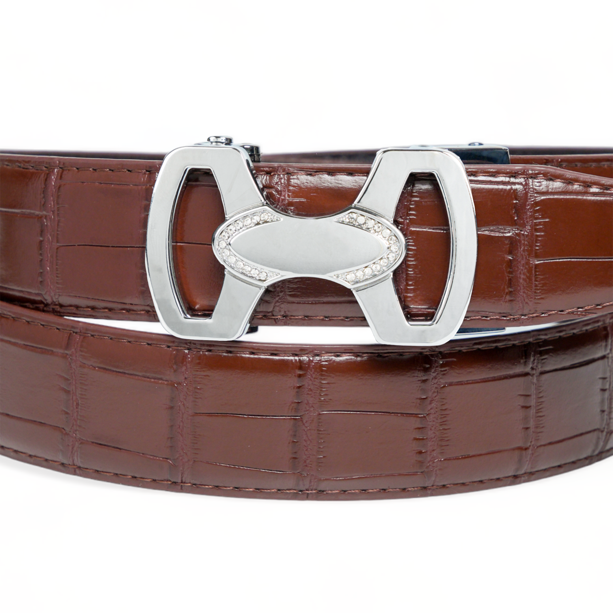 Chokore Crocodile Pattern Leather Belt (Brown & Silver)