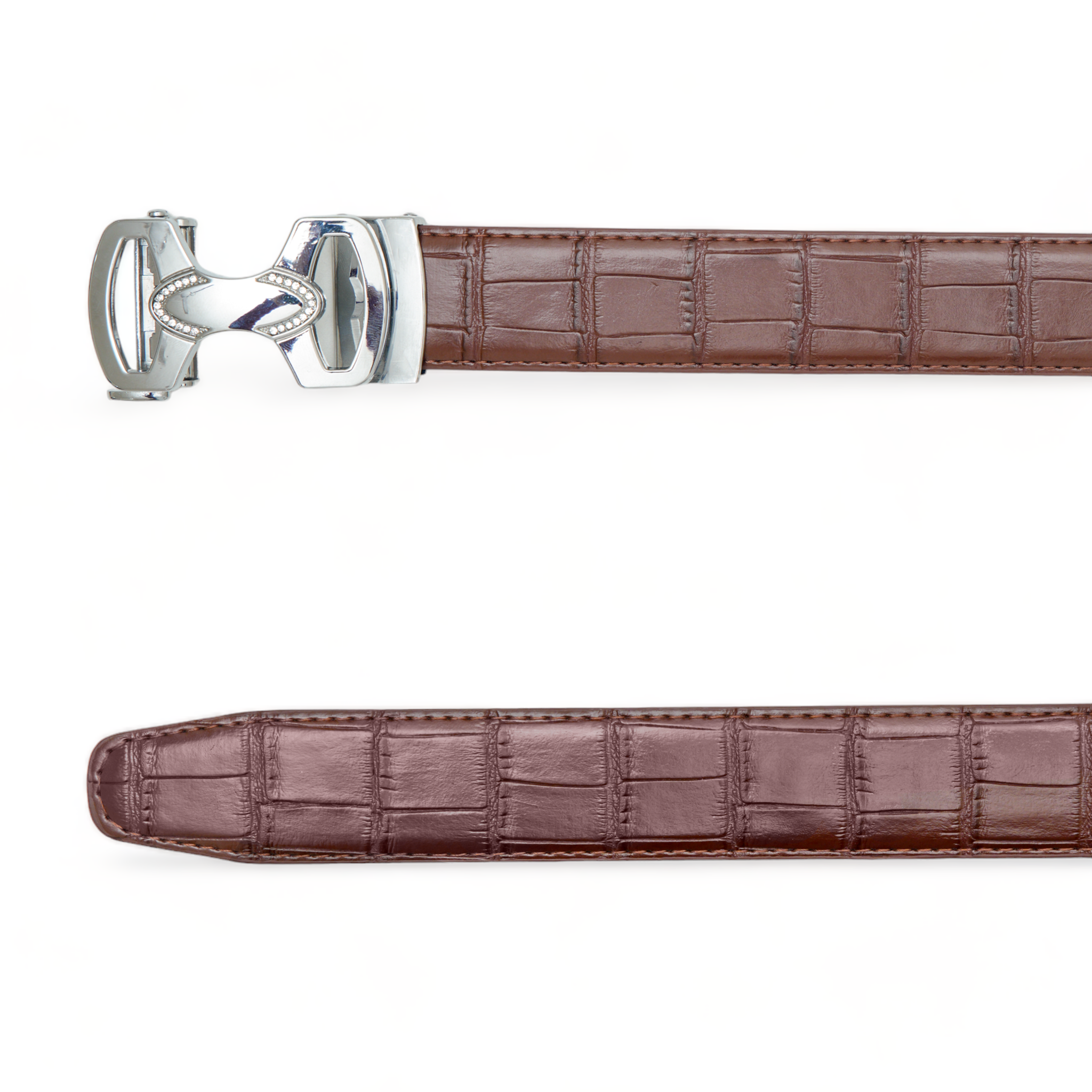 Chokore Crocodile Pattern Leather Belt (Brown & Silver)