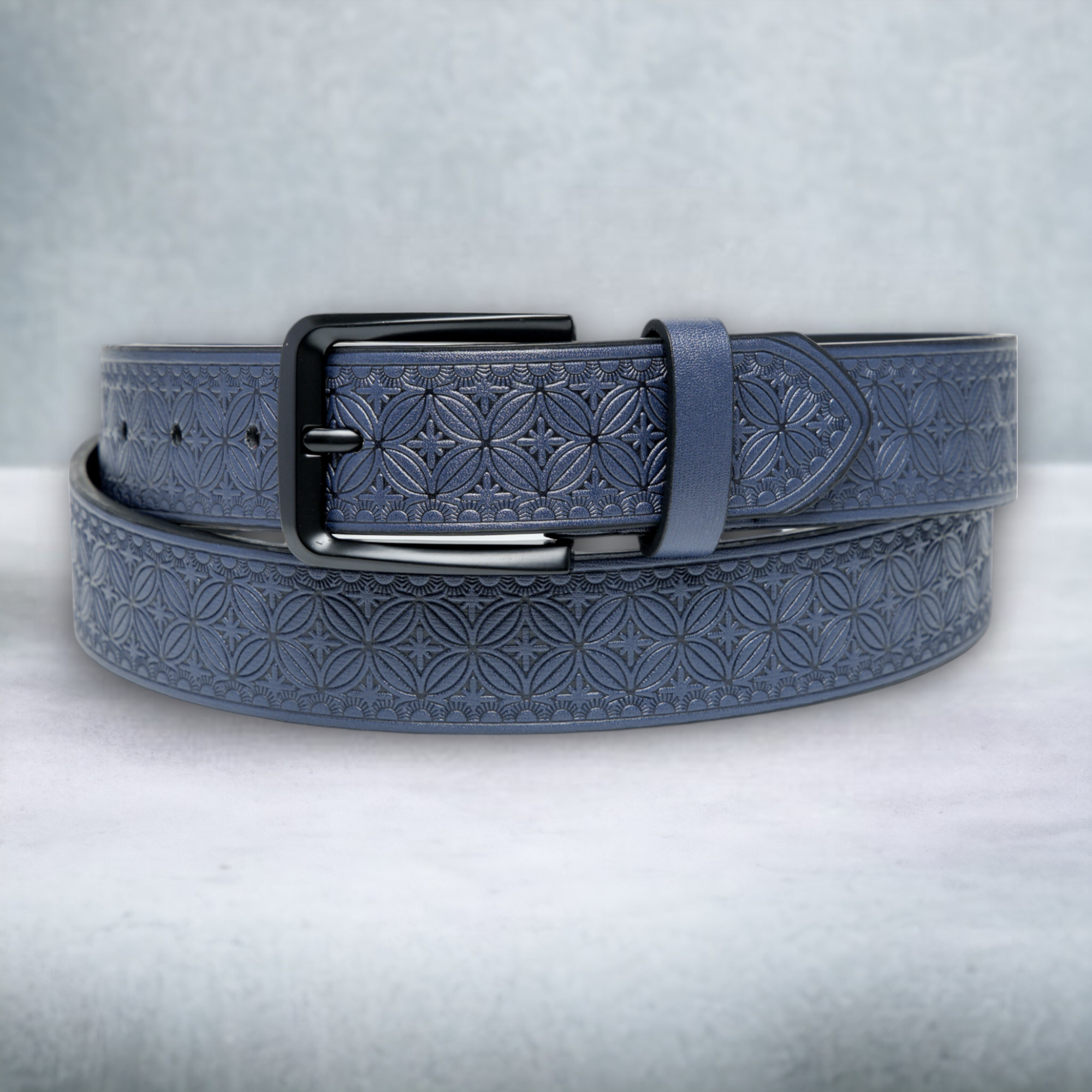 Chokore Graphic Pattern Embossed Leather Belt (Blue)