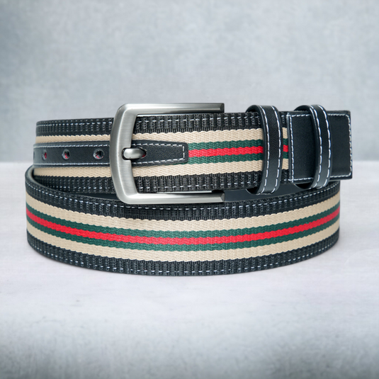 Chokore Adjustable Stripe Canvas Design Leather Belt (Black)