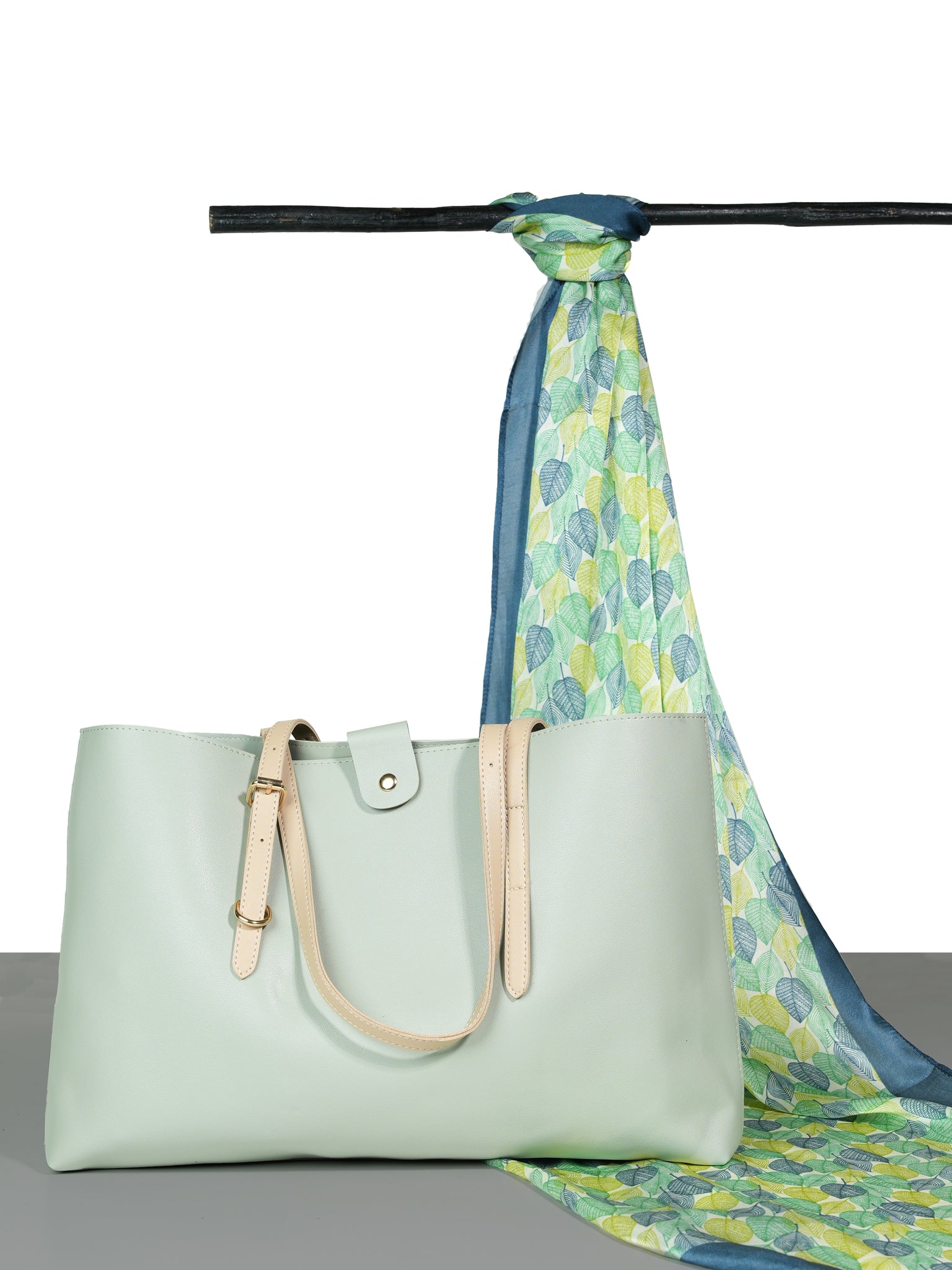 Chokore Large, Light Green Adjustable Tote Bag & Leaf-print Satin Silk Stole Combo