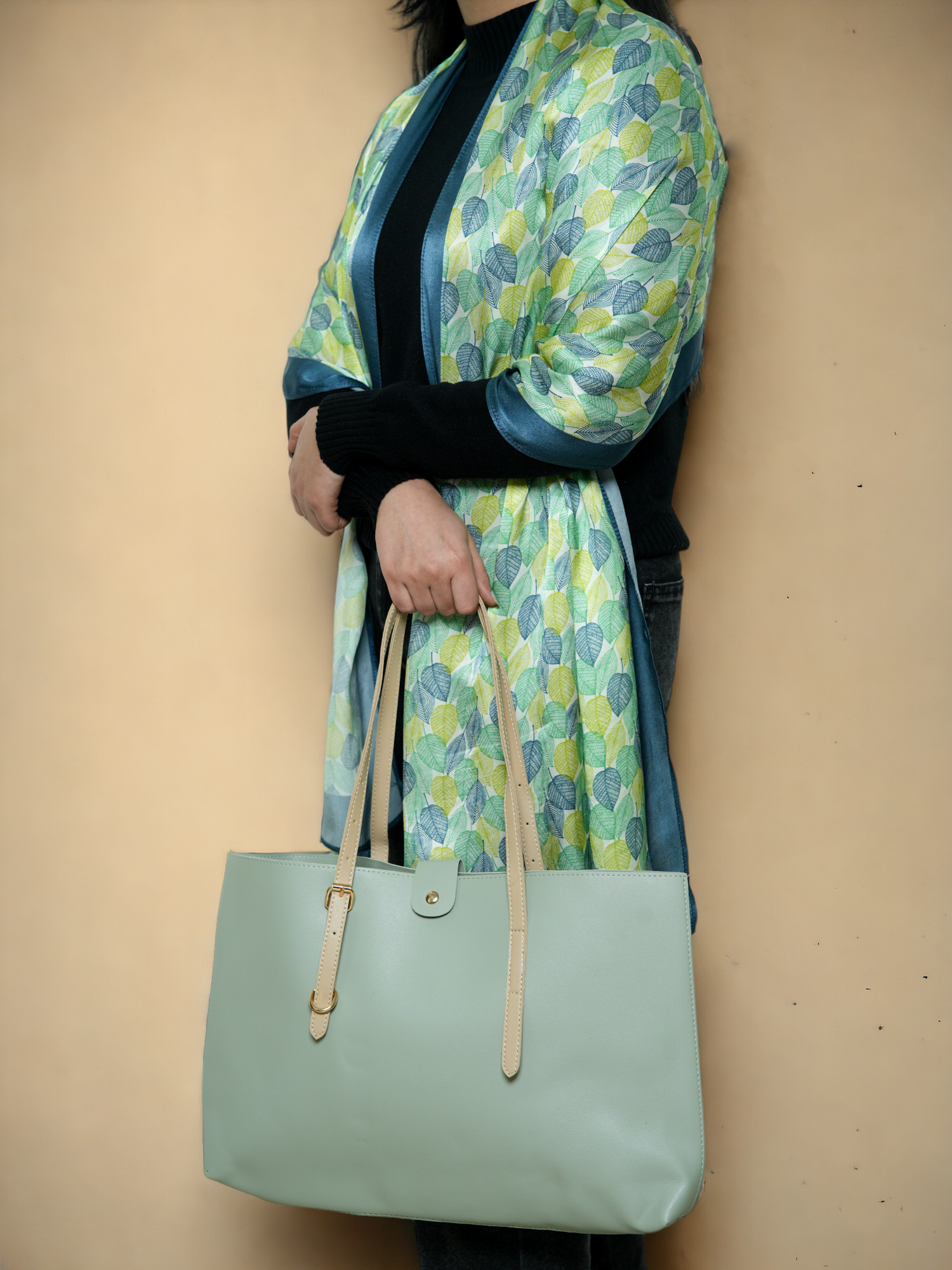 Chokore Large, Light Green Adjustable Tote Bag & Leaf-print Satin Silk Stole Combo