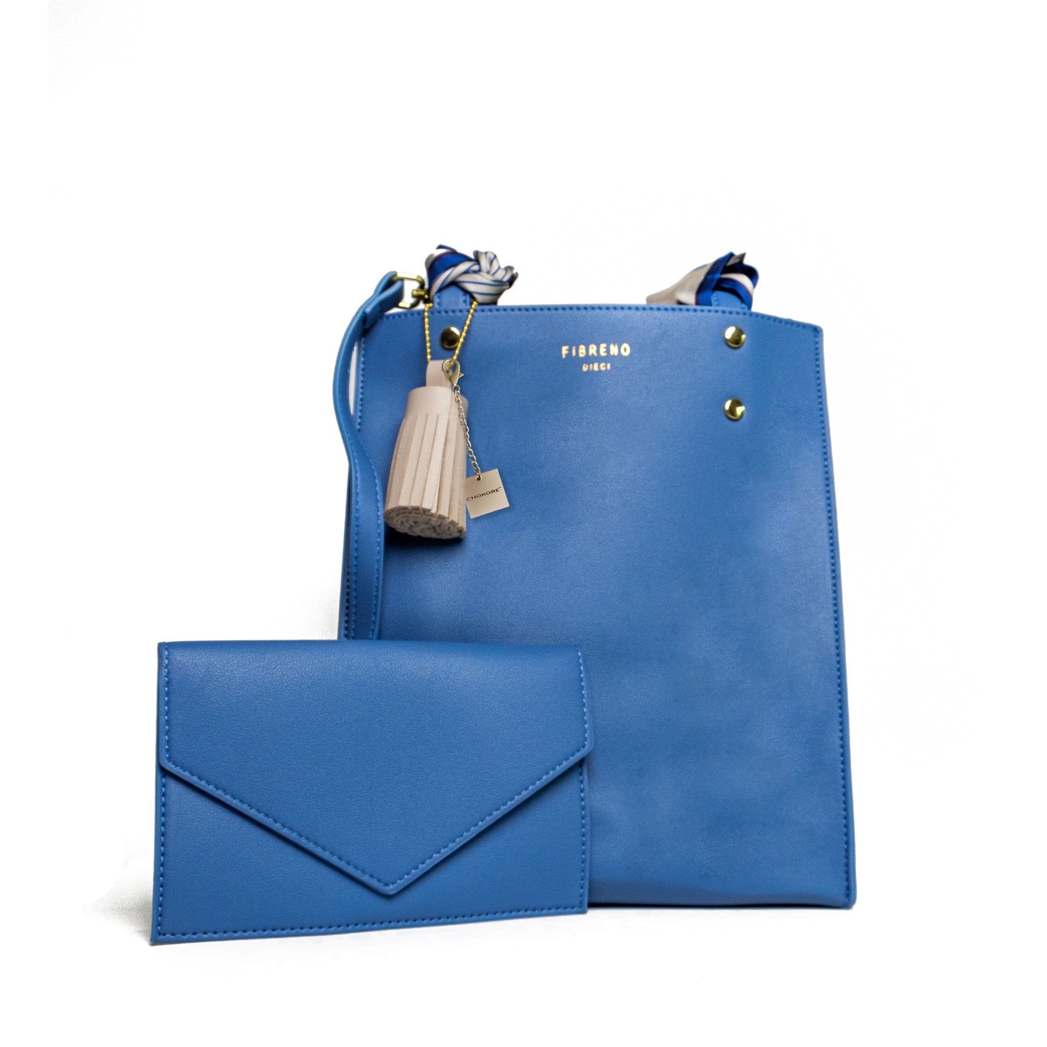 Chokore Vegan Leather Blue Bag with Tassel & Blue, Red Satin Silk Stole Combo
