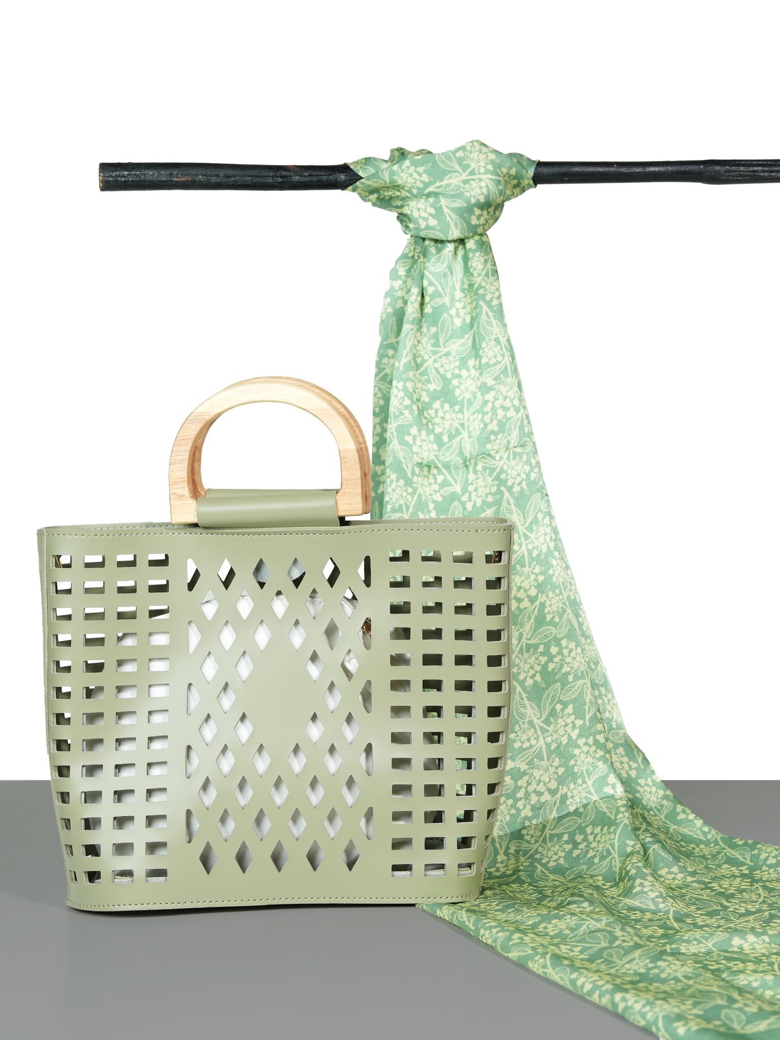 Chokore Madison Cutout Tote Bag & Green, Off-White Satin Silk Stole Combo