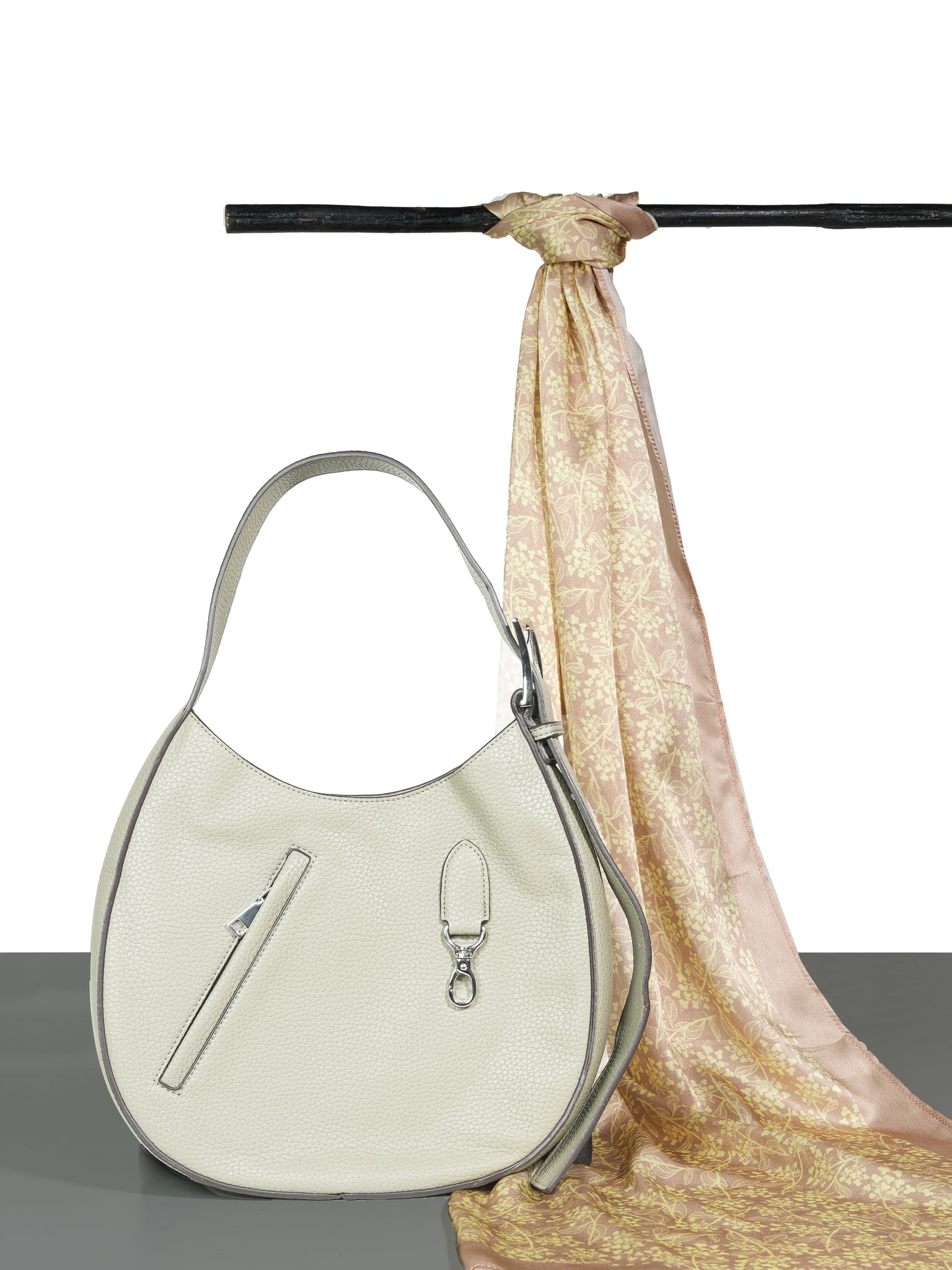 Chokore White Round Hobo Bag & Pink, Off-White Satin Silk Stole Combo