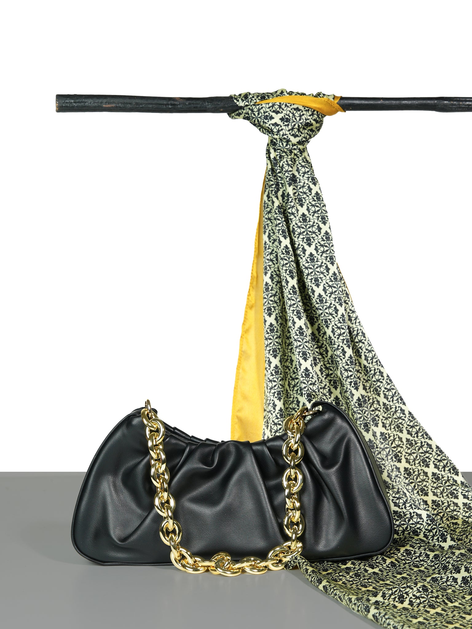 Chokore Black Cloud Bag with Golden Chain & Black, Orange Satin Silk Stole Combo