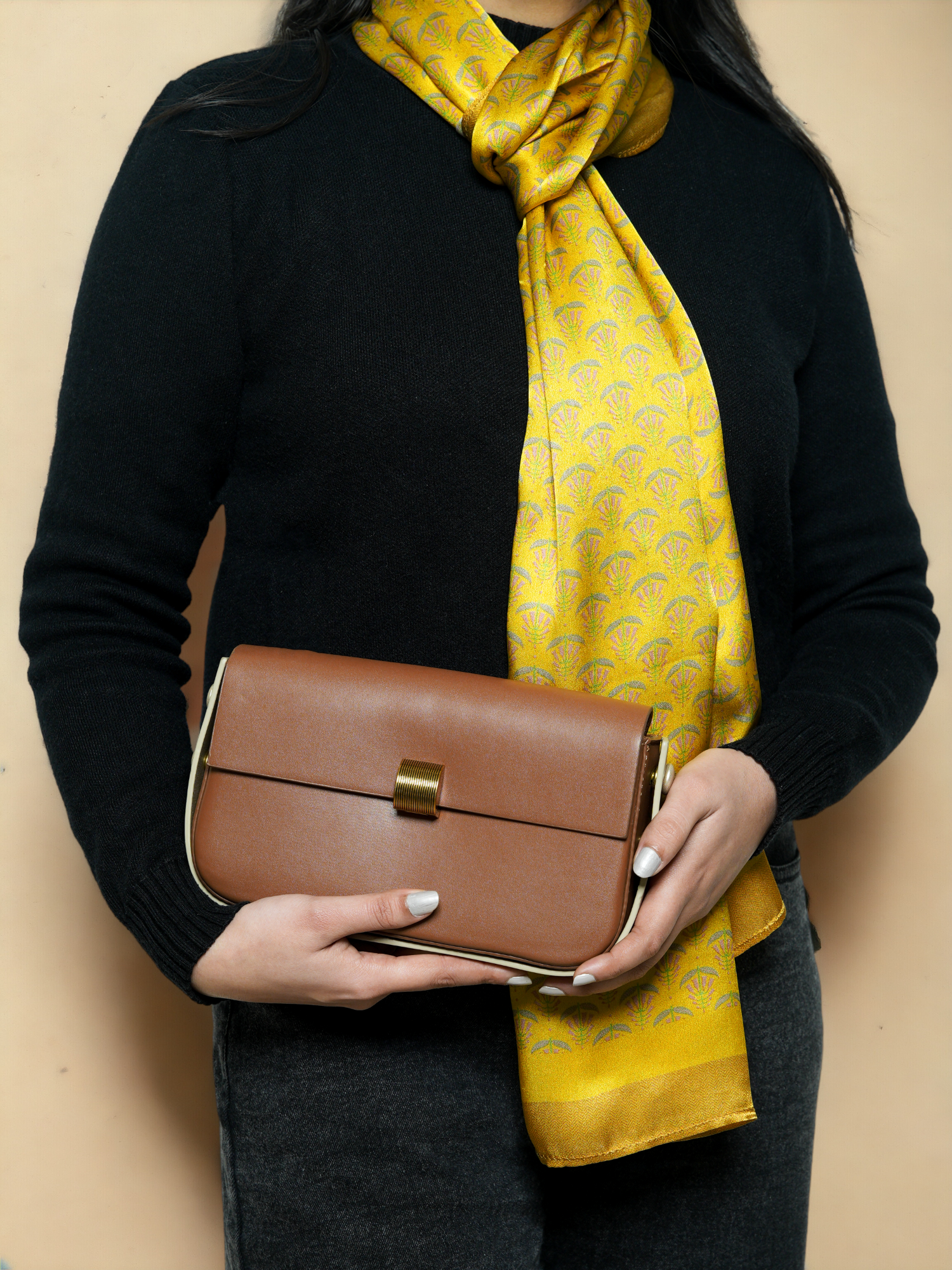 Chokore Solid Crossbody Bag with Detachable Handle & Yellow Satin Silk Stole Combo