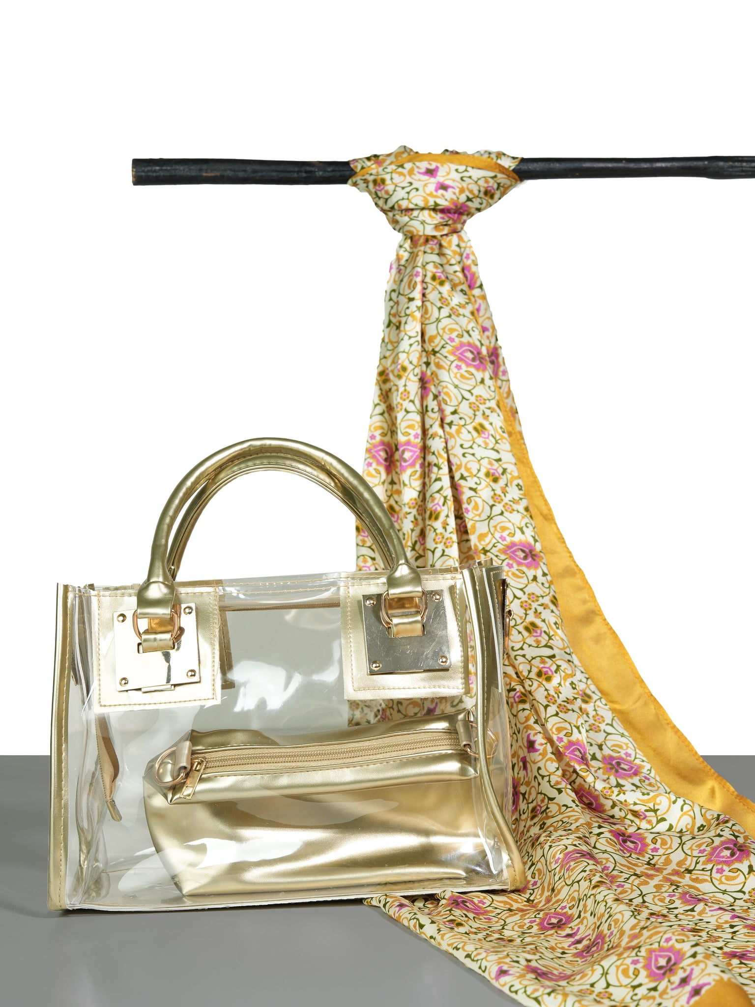 Chokore Clear Handbag & Off-White, Orange, Pink Satin Silk Stole Combo