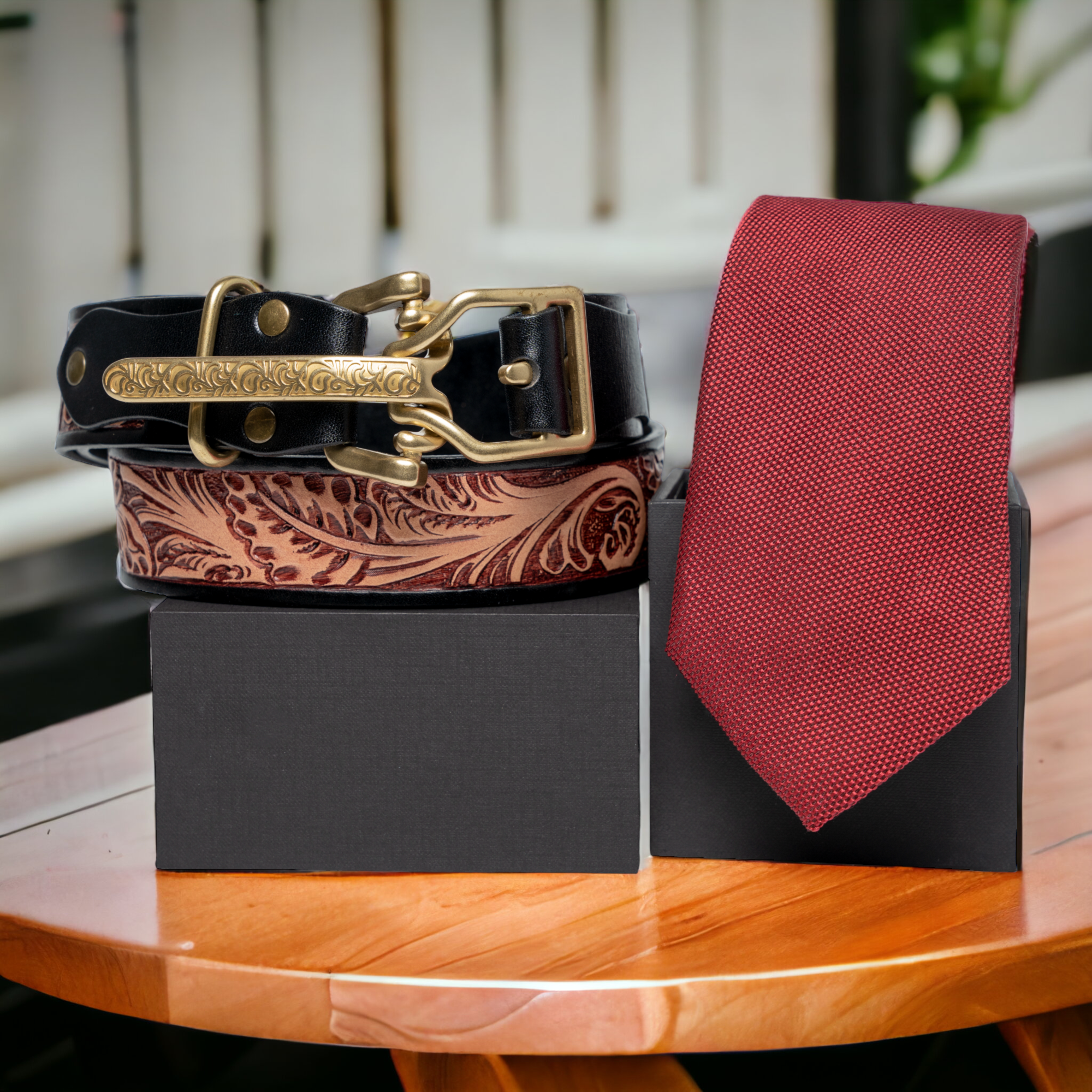 Chokore Special 2-in-1 Gift Set for Him (Men’s Pinpoint Necktie & Knight Leather Belt)